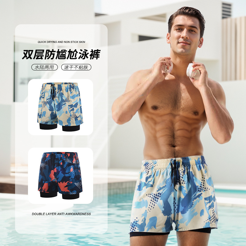 Bañadores hombres nuevos de doble capa más el tamaño suelto impreso adulto natación troncos profesionales de secado rápido caliente primavera natación pantalones de playa