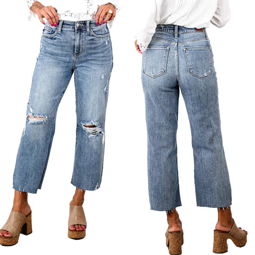 자른 와이드 레그 청바지 여자 리핑 워시 미드 웨이스트 캐주얼 올 매치 스트레이트 청바지 여자 유럽과 미국 아마존