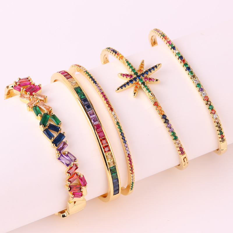 Business Occasion Copper Material Glam Multicolor Star Rectangle Copper 18k Gold Plated Zircon Bangle In Bulk