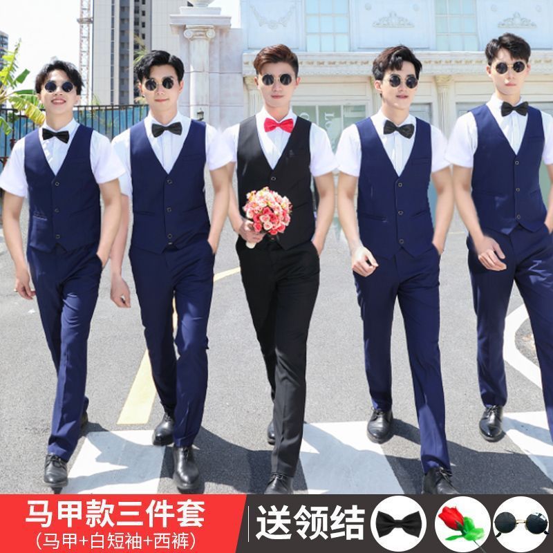 伴郎服兄弟装大码白衬衣长袖衬衫套装夏季男士结婚礼服兄弟团衣服|undefined