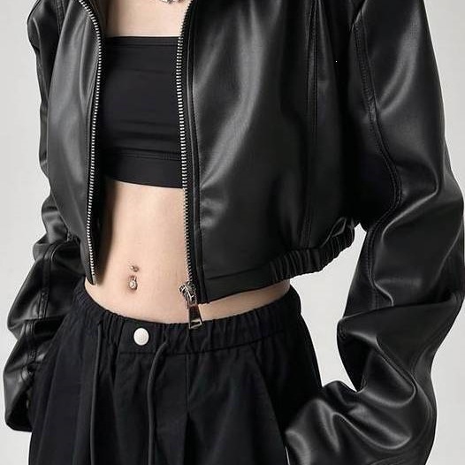 American retro long-sleeved lapel leather jacket for women, spring and autumn 2026, sweet and cool girl motorcycle jacket, short top.