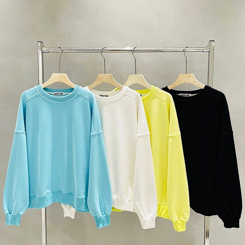 Spring and Autumn Thin New Style Unique Design Solid Color Loose Top Round Neck Sweatshirt New Lemon Yellow 2026 Model Spring and Autumn Thin New Style Unique Design Solid Color Loose Top Round Neck Sweatshirt New Lemon Yellow 2026 Model