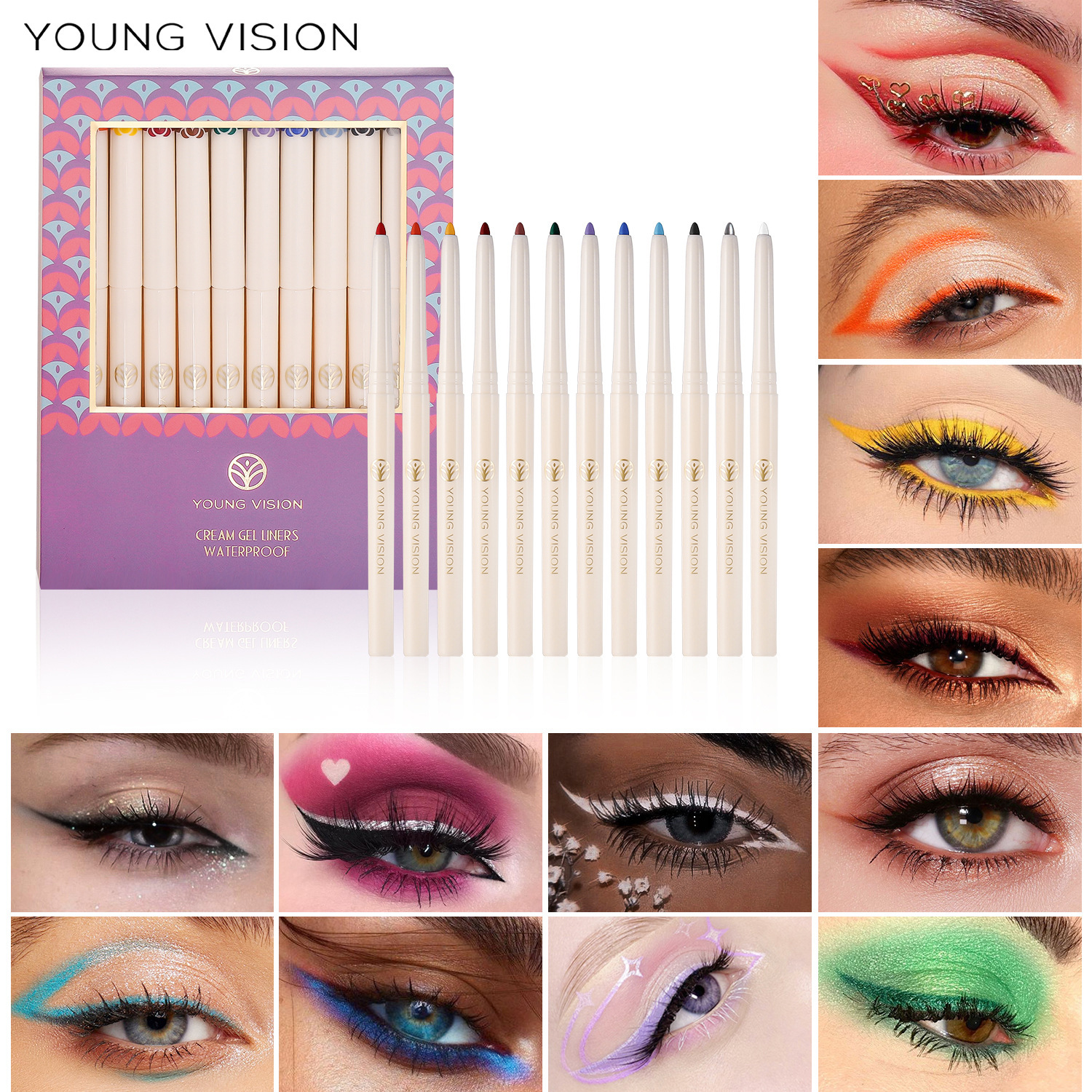 YOUNG VISION Eyeliner Gel Pen, Smudge-Resistant Eyeliner Pen, Colorful Eyeliner Gel Pen 12-Piece Set