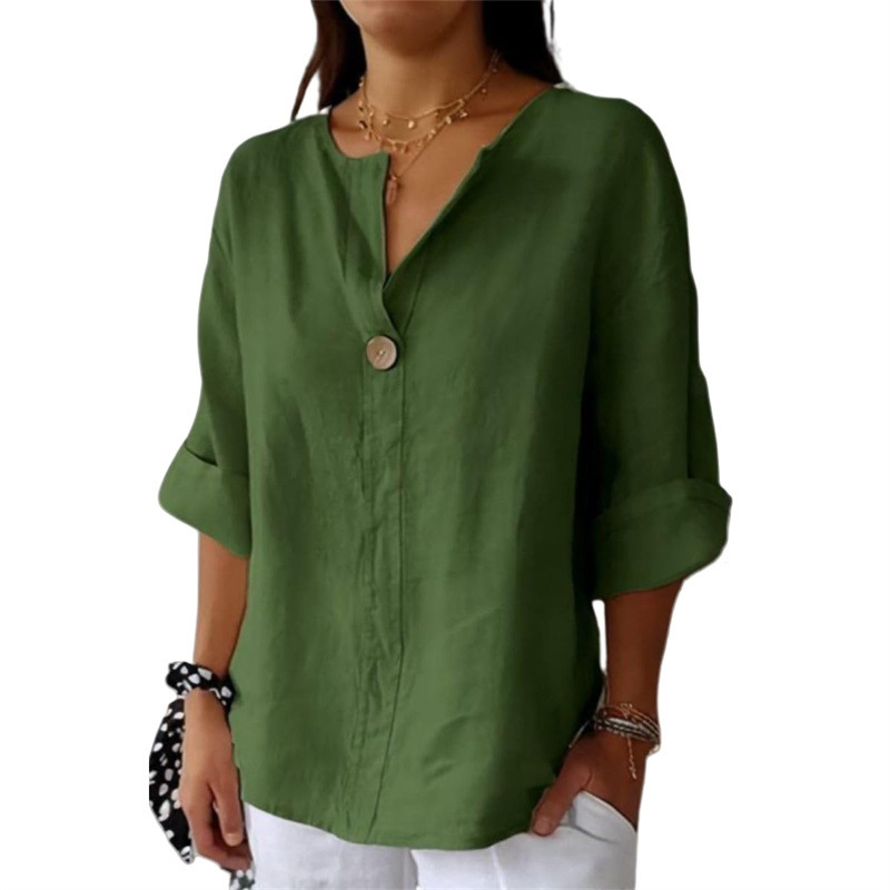Women's Loose Fit V Neck 7/8 Sleeve Cotton Button Front Tunic Top – Casual Summer Blouse 2026_ecoleips.com