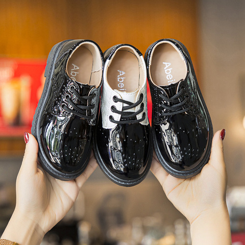 Boys' Leather Shoes Black Girls' Performance Shoes Spring and Autumn Little Girls' Soft Sole British Style Children's Lace-up Leather Shoes