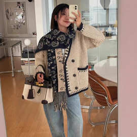 现货 高质感极简风赵昭仪同款双排扣羊毛针织开衫外套宽松厚实女