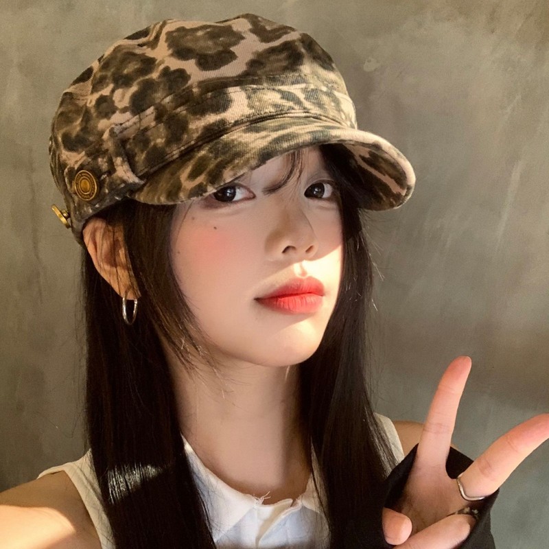 美式复古豹纹平顶鸭舌帽女小众辣妹显脸小贝雷帽大头围报童帽子潮|undefined