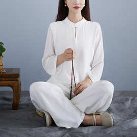 新款 打坐疗愈师禅服禅意佛系女仙气中国风白色居士服套装一整套