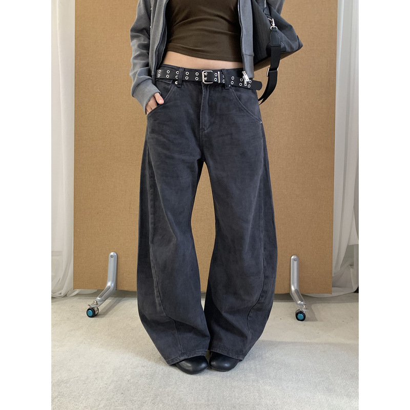 See 3L American retro washed distressed high-end straight-leg pants for women, loose wide-leg curved jeans g3086