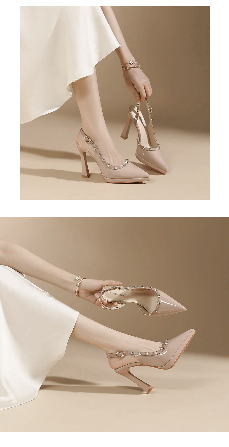 Sandal cao gót nữ mũi nhọn hở mũi, gót nhọn đinh tán, đế chống thấm nước — Xanh lam nhạt chi tiết 6