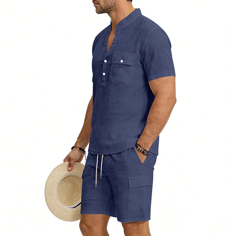 Men's Linen Henley Short Sleeve Shirt & Shorts Set, Breathable Summer Casual Outfit For Outdoor Travel And Daily Relaxation_viptrois.com