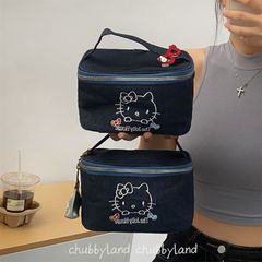 凯蒂猫刺绣牛仔化妆包可爱手提化妆包大容量收纳包化妆品收纳包