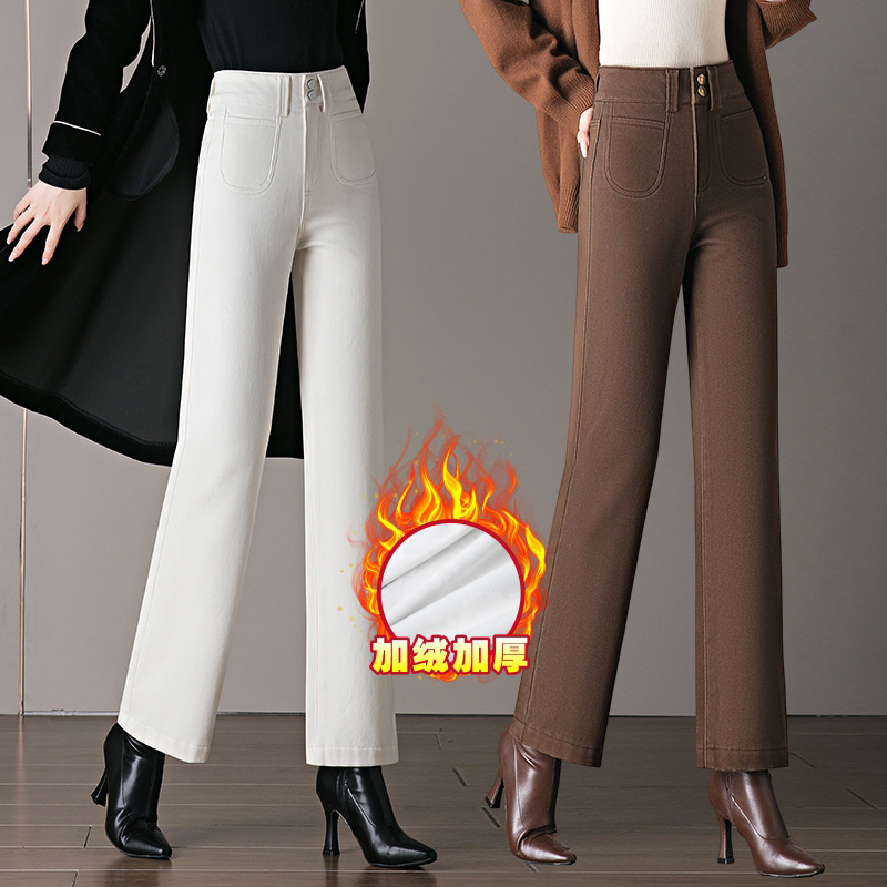 2025 New Winter Straight Jeans for Middle-Aged Mothers, Velvet Thickeneded High-Waisted Narrow Elastic Slimming Look Pants