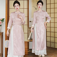 2025春装新品中式复古气质盘扣连衣裙套装提花立领禅茶服长裙套装