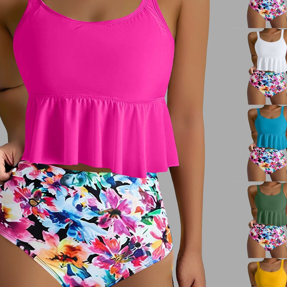 2025欧美高腰大码泳衣女荷叶边保守分体比基尼高腰bikini速卖通