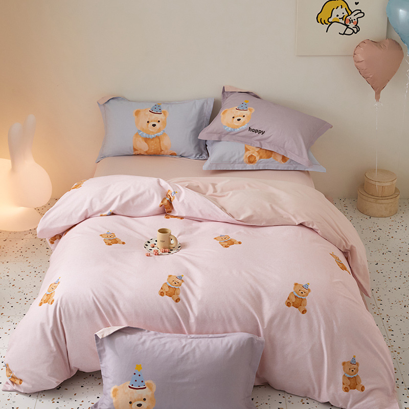 秋冬加厚印花全棉卡通风四件纯棉磨毛床单被套床上用品南通家纺
