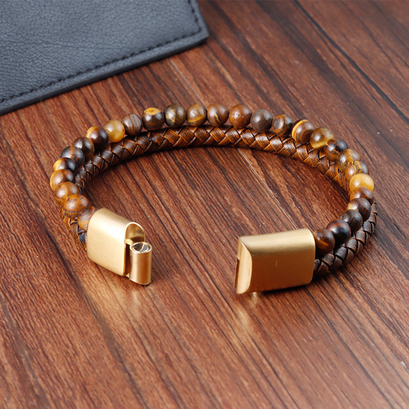 Geometric Pattern Vintage Style 316L Stainless Steel  Pu Leather Geometric Woven Chain Men Cord & Leather Bracelets