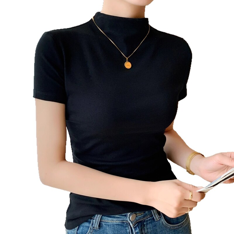 女性用ハーフタートルネック半袖ボトムシャツ、春夏秋の薄手の純綿Tシャツ、スリムフィットシャツ、気質半袖トップス|undefined