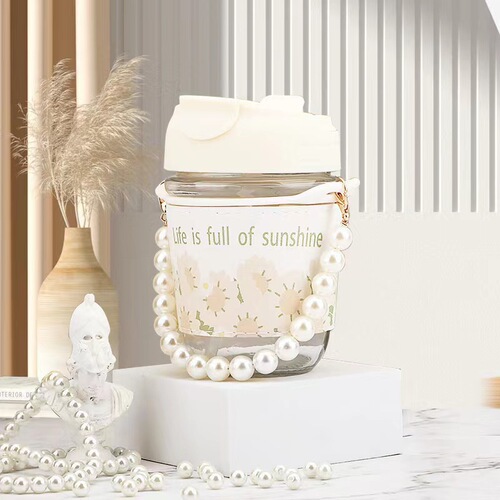 High-definition glass cup printed with pearl design, gift straw cup, portable water cup, coffee double drink cup, souvenir cup