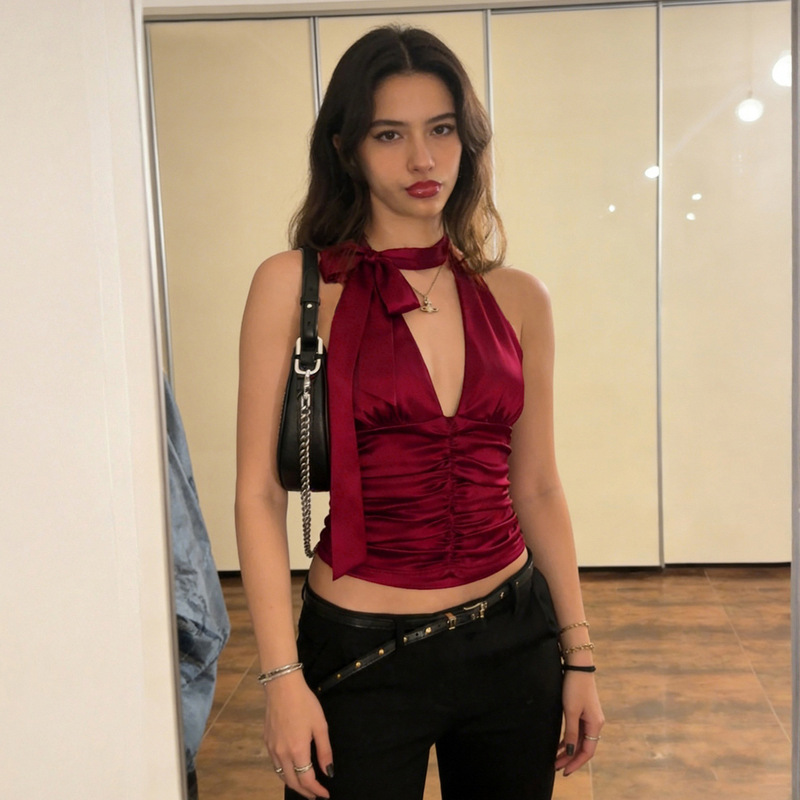 European and American Style Fashion Satin Tie-Neck Halter Top, Sexy and Elegant Deep V-Neck Waist-Cinching Ruched Camisole for Women European and American Style Fashion Satin Tie-Neck Halter Top, Sexy and Elegant Deep V-Neck Waist-Cinching Ruched Camisole for Women