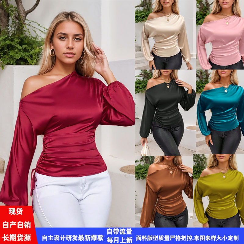 2025春夏亚马逊跨境欧美新款女装缎面气质不对称长袖斜领衬衣上衣