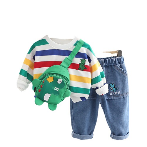Children's autumn clothing for boys and girls  autumn clothing boys' suits striped round neck jeans two-piece set with bag