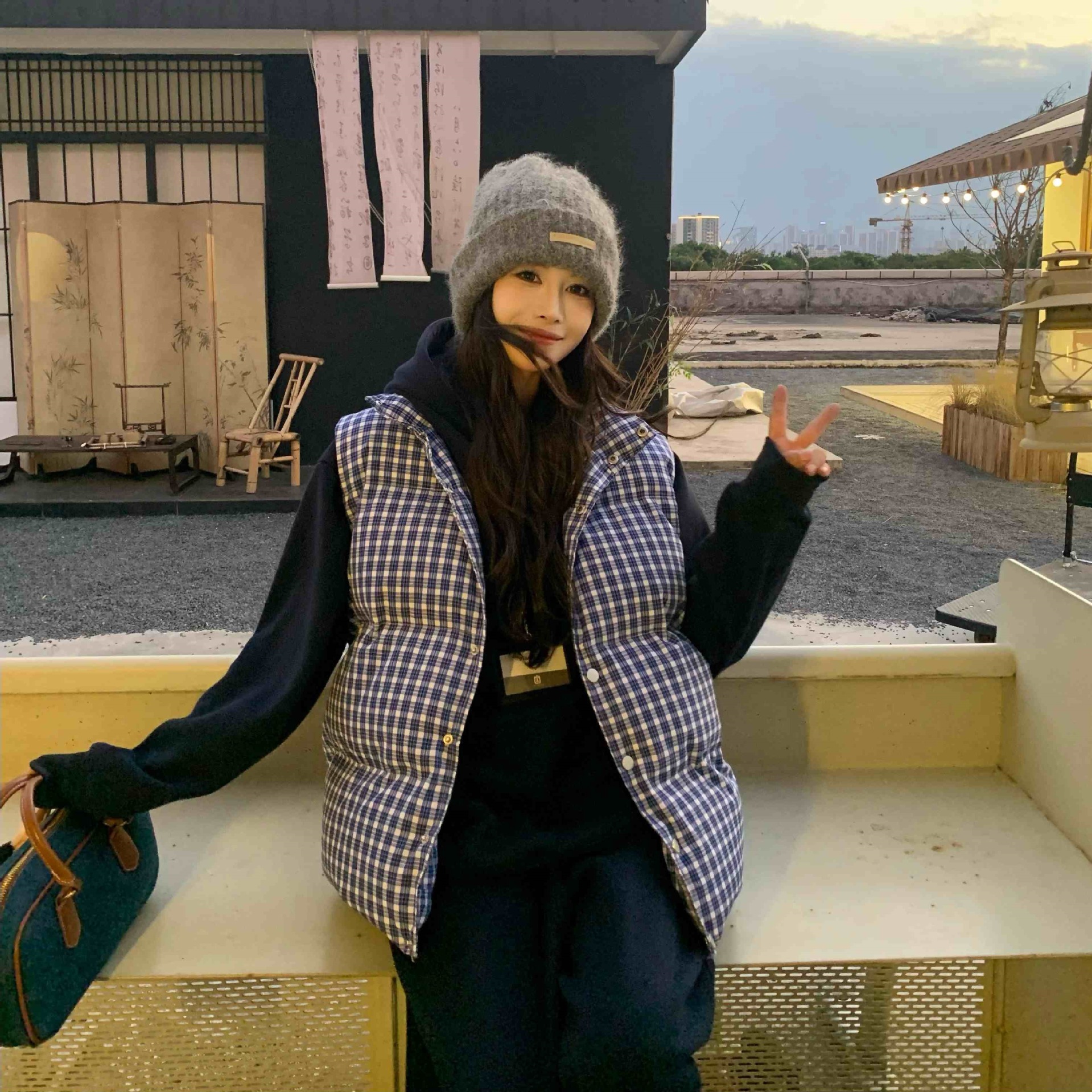 韩系复古蓝色格子立领无袖百搭棉服马甲背心女秋冬季加厚棉衣外套