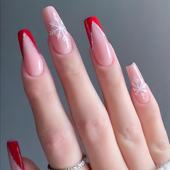 Christmas wear-on gel long wear nail art red French white line snowflake false nail stickers wholesale