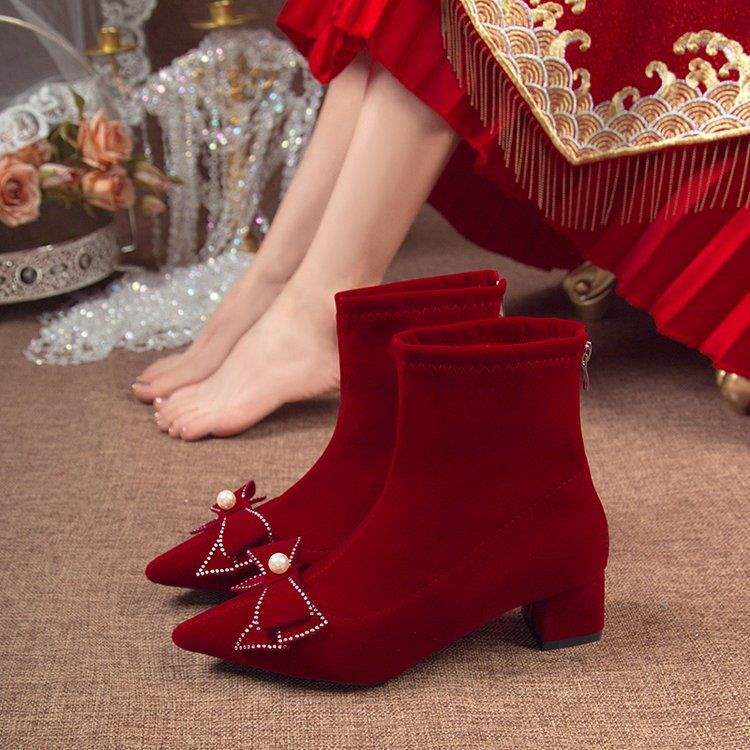 Burgundy Boots 2025 New Winter Slim Boots Pregnant Women Can Wear Without Tiring Feet Wedding Shoes Thick Heels High Heels