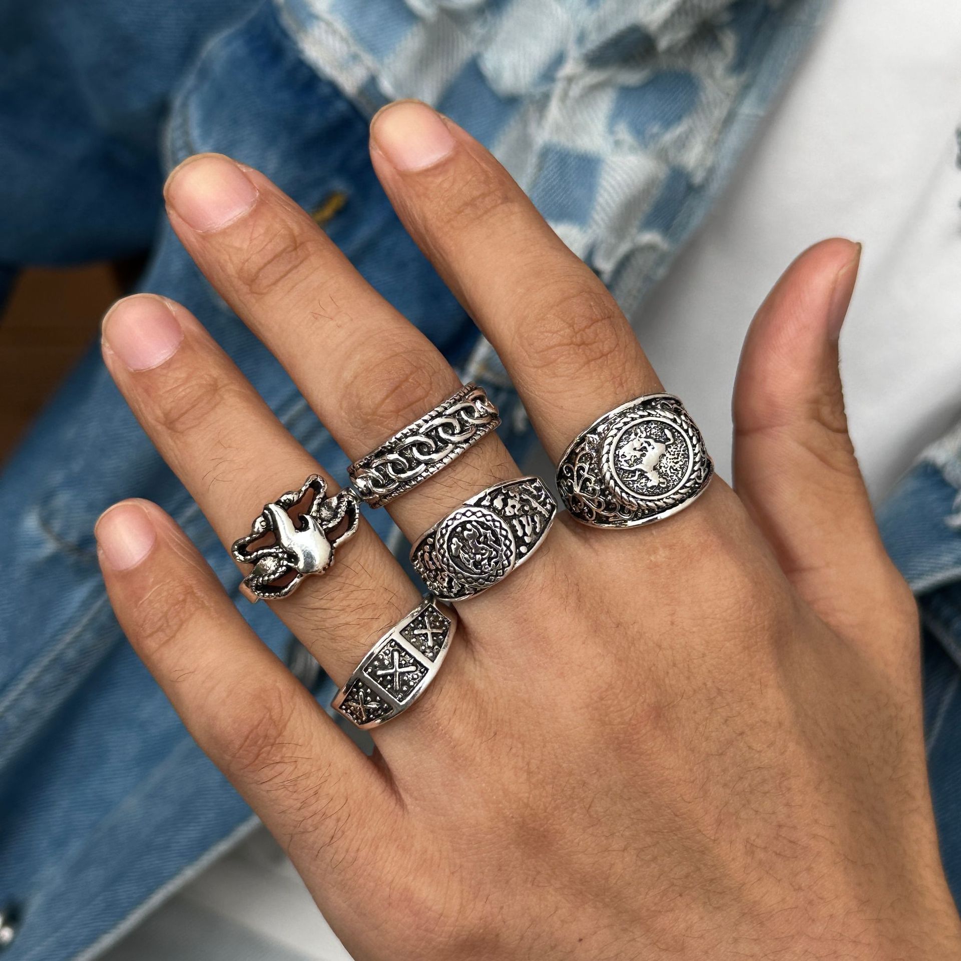 1 Set Quantity Hip-Hop Retro Animal Alloy Plating Men's Rings Men Ring Sets