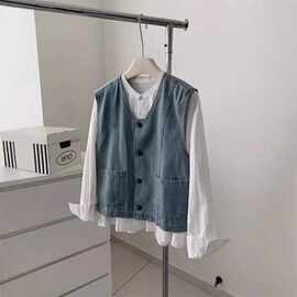 时髦洋气百搭叠穿牛仔马甲女春秋新款宽松短款小个子无袖外套休闲