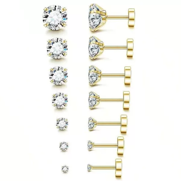 Amazon Same Stainless Steel Piercing Jewelry AA Zircon Earrings with Round Cake Earrings Four Claw Grasp Zircon Earrings and Bone Nails