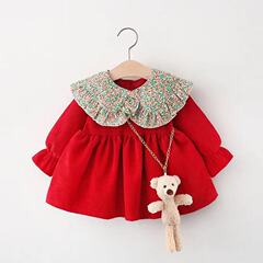 Children's princess dress 2021 autumn new girl dress with floral collar long sleeve dress, send with teddy bear pouch, drop shipping 1223