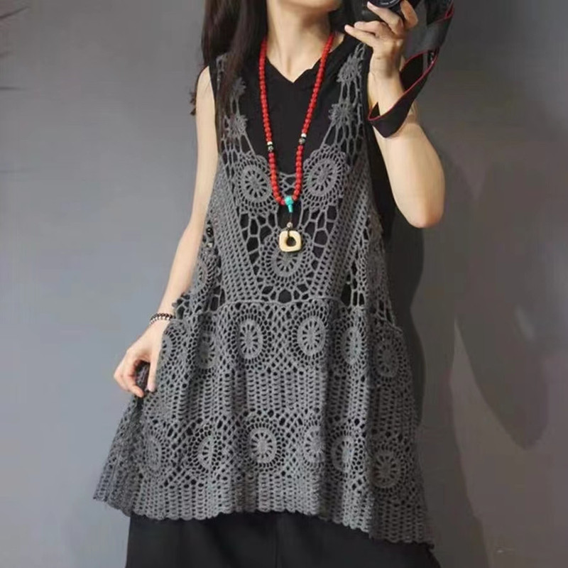 Hollow Vest Long Women's Summer Crochet Loose Casual Artistic Retro Khaki Waist Top Hollow Vest Long Women's Summer Crochet Loose Casual Artistic Retro Khaki Waist Top