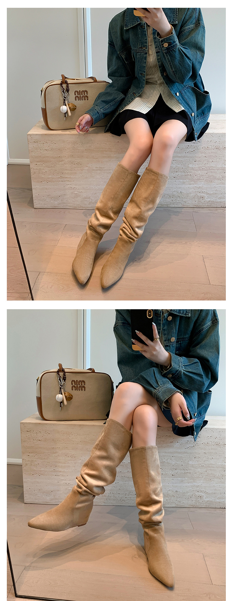 Boot nữ cao cổ mũi nhọn tăng chiều cao đế xuồng da lộn thu đông 2025 — Lớp lót đơn màu mơ, Lớp lót nhung đen, Lớp lót nhung màu mơ, Nhung nâu chi tiết 15
