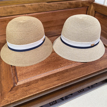 法式优雅金色标时尚大檐草帽拼色织带复古休闲海边防晒钟形盆帽