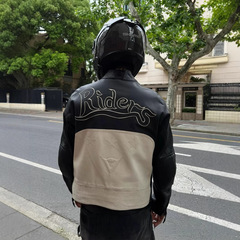アメリカンライダーズレトロバイクジャケット男性と女性のためのトレンディなコントラストカラーステッチスタンドカラーフライトジャケットレザージャケット