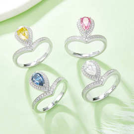 1克拉D级V字皇冠虎边简约水滴彩色莫桑石戒指梨形925银培育钻指环