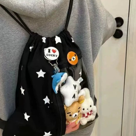 可爱创意星星抽绳痛包 大容量通勤学生书包简约休闲印花牛津布包