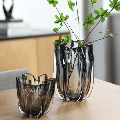 Modern Luxury Gray Petal Mouth Glassware Vase Dining Table TV Cabinet Home Living Room Hallway Decoration Flower Arrangement Decorative Item 
