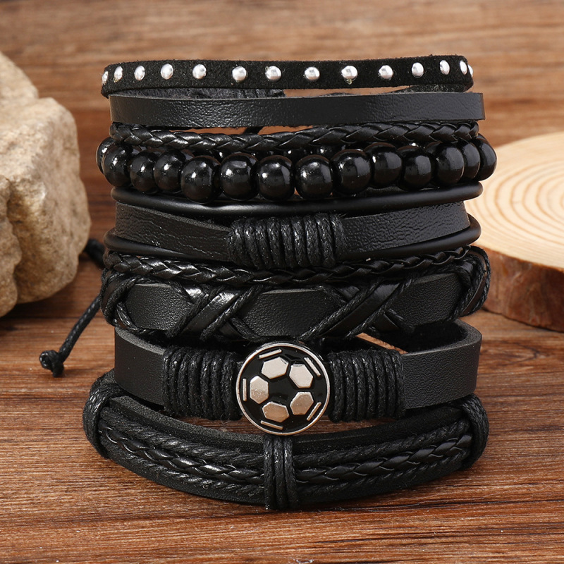 European and American punk style personality trend six layer football leather woven beaded multi-layer men's pull-out bracelet combination European and American punk style personality trend six layer football leather woven beaded multi-layer men's pull-out bracelet combination
