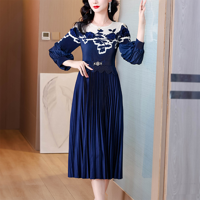 European Style Autumn Fashion Pleated Round-Neck Patchwork Slim-Fit Slimming Dress Mid-Length Pleated Skirt_ecoleips.com