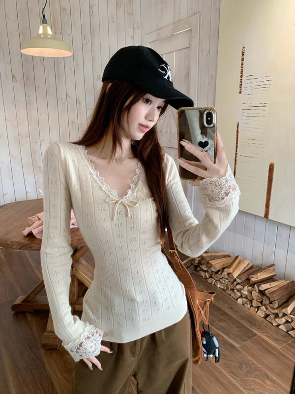 韩系花边蝴蝶结v领长袖T恤女2025秋季新款设计感叠穿修身打底上衣|undefined
