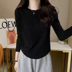 French white base shirt for women in autumn and winter long-sleeved shirt for women in front shoulders slim fish bone design niche short top