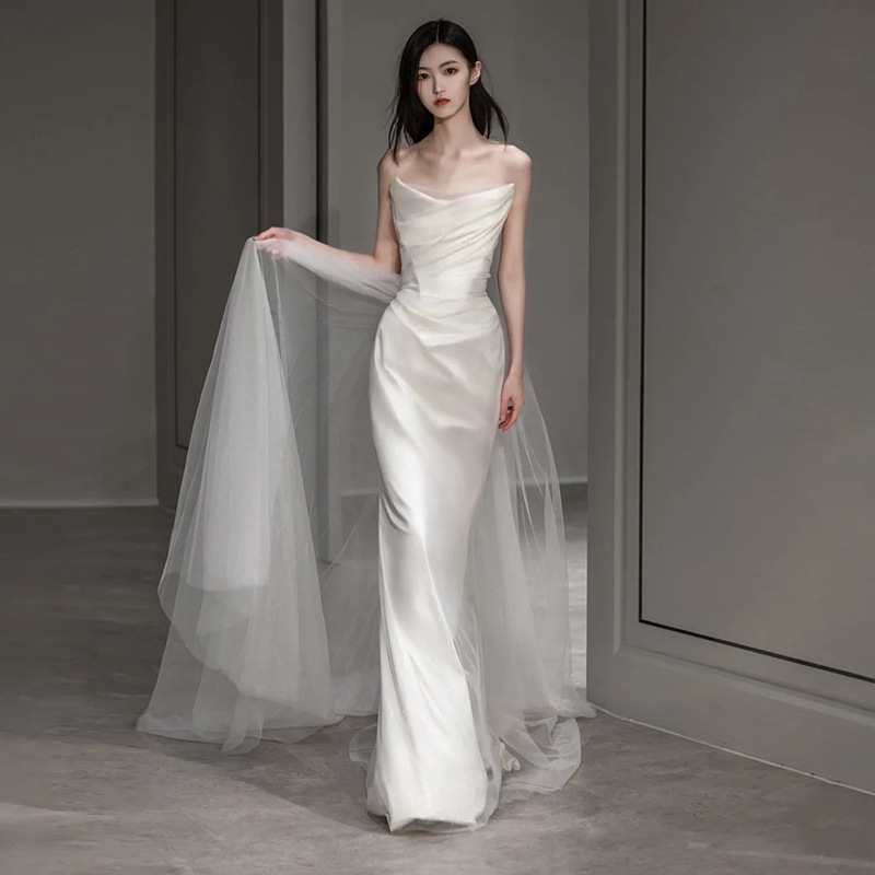 Tube top satin light wedding dress elegant high-grade bridal wedding engagement outdoor yarn waist-tight two-way fishtail dress for women