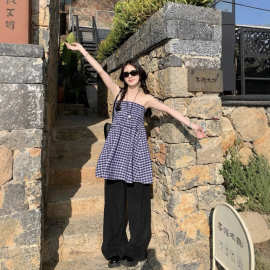 小众设计感两穿蓝色格子半身裙女夏季法式气质抹胸背心裙a字伞裙