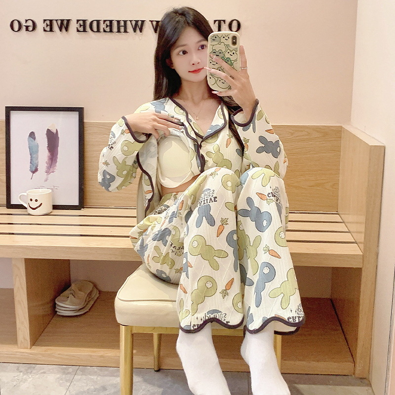 가슴 패드가 달린 INS 스타일 잠옷 여성의 봄과 가을 단색 긴 소매 바지 한국 스타일 느슨한 인터넷 트렌디 한 하이 엔드 스타일 홈 옷