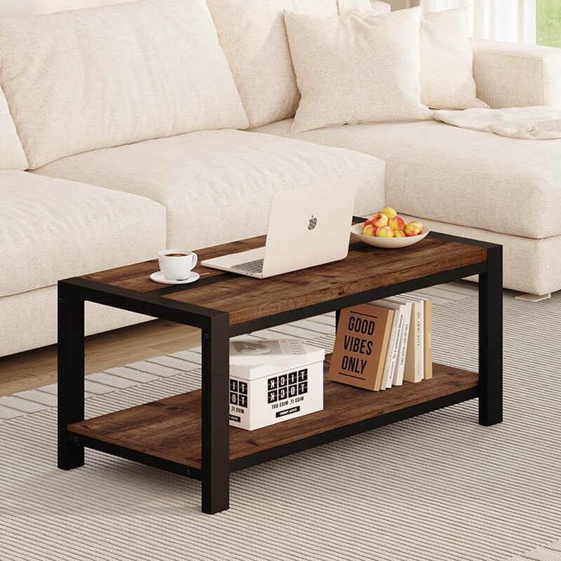 Industrial Style Living Room Coffee Table, Wooden and Metal Rectangular Center Table, Vintage Color Farmhouse Style Living Room Furniture Industrial Style Living Room Coffee Table, Wooden and Metal Rectangular Center Table, Vintage Color Farmhouse Style Living Room Furniture