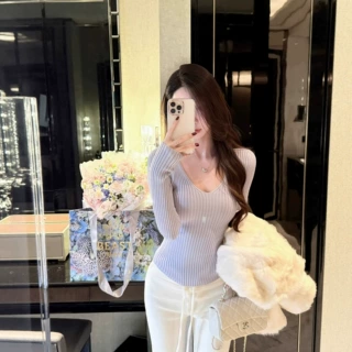 紫色V领长袖针织打底衫女秋季温柔纯欲风内搭修身显瘦高级感上衣