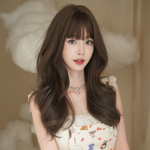 Cross-border Japanese and Korean wig women's long curly hair high temperature silk whole top head cover fluffy bangs chemical fiber sleeve wig wholesale
